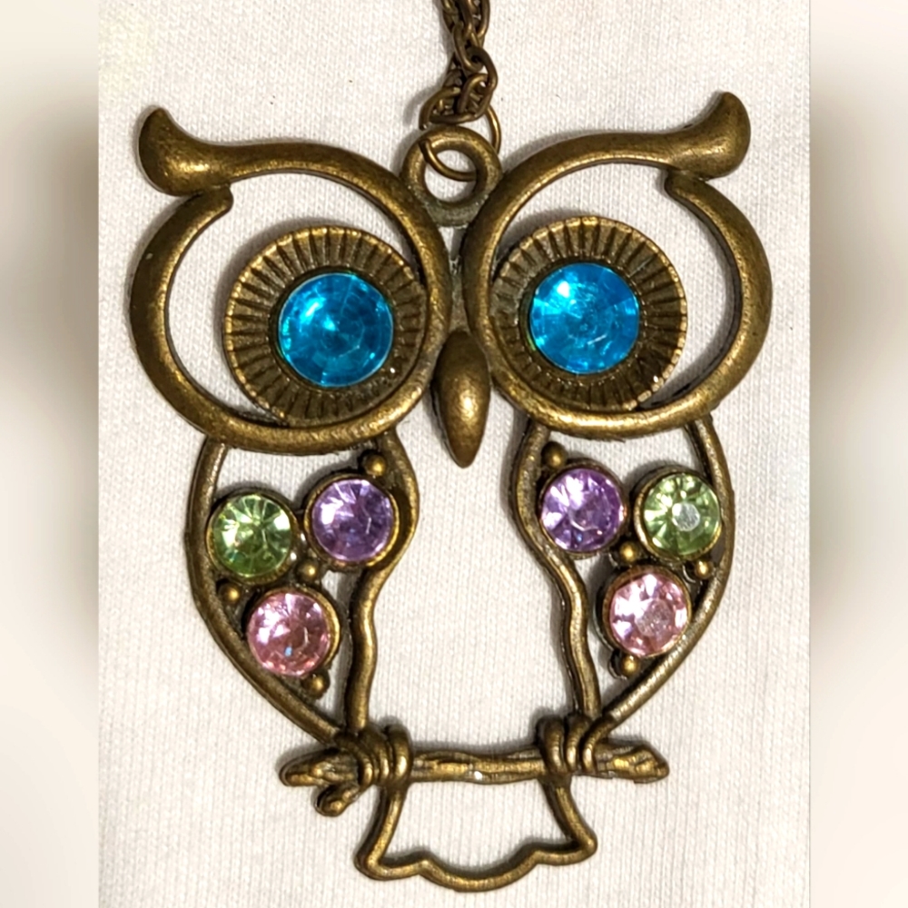 Beautiful owl necklace with gems//costume jewelry‎